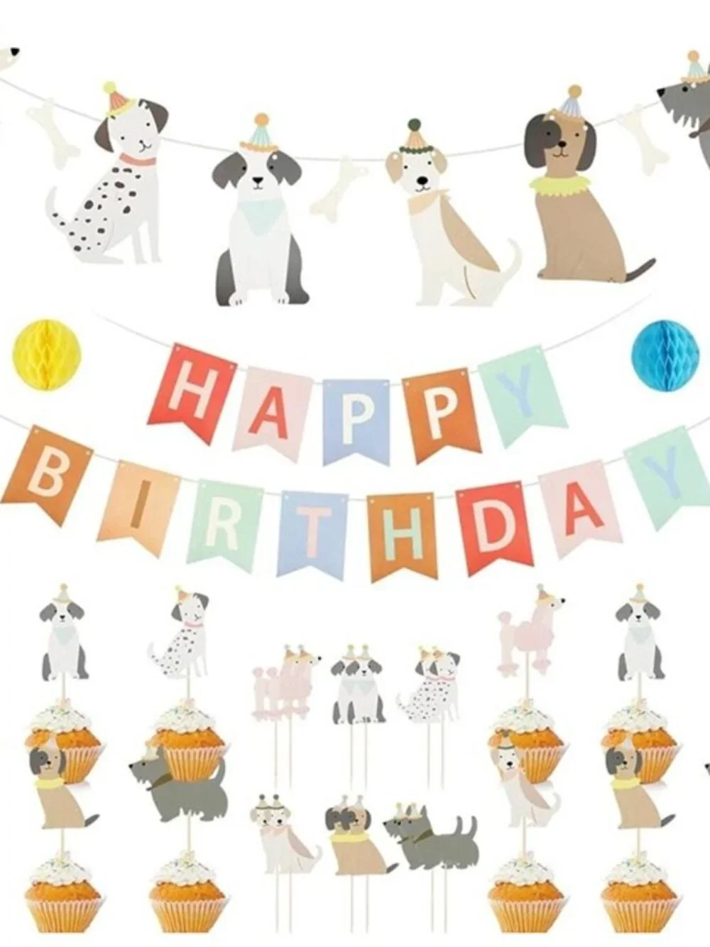 Dog Themed Birthday Party Decorations Set – Banner, Garland, Toppers